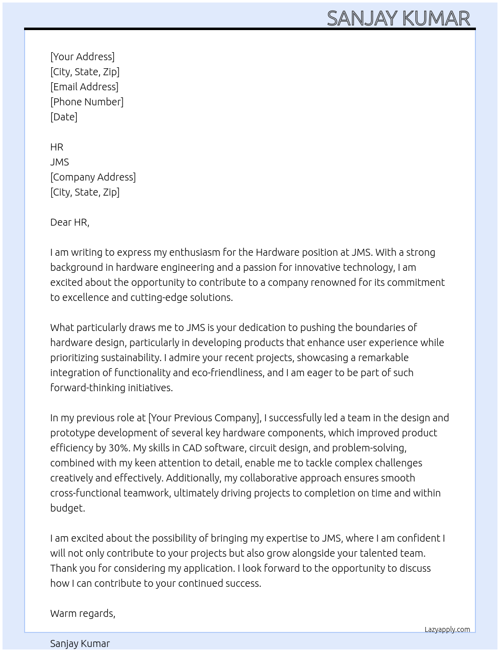 Hardware  At JMS  Cover Letter