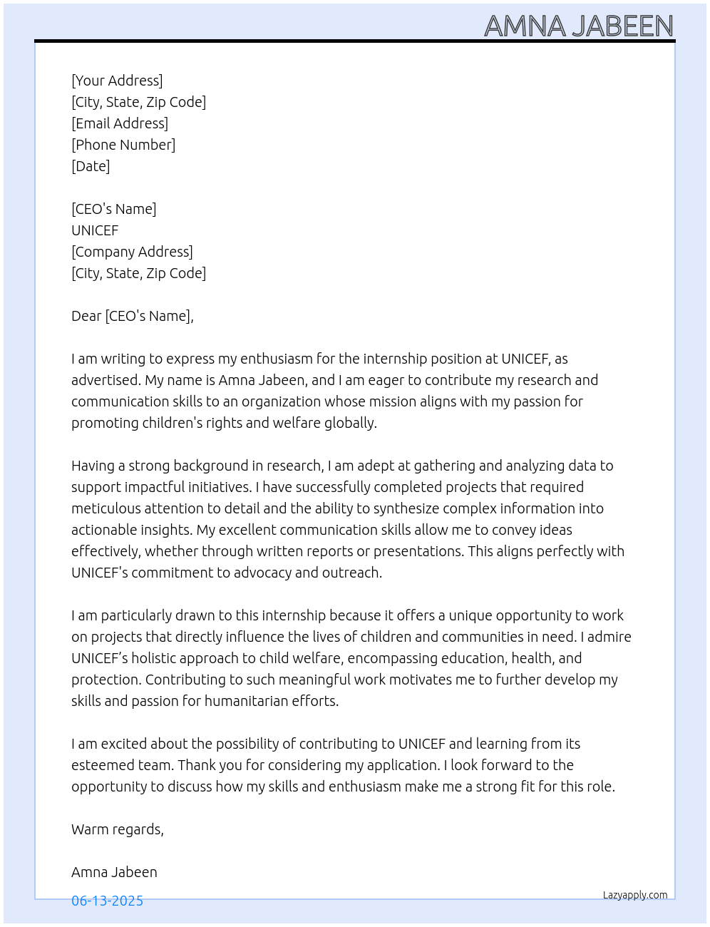 Unicef internship At UNICEF Cover Letter