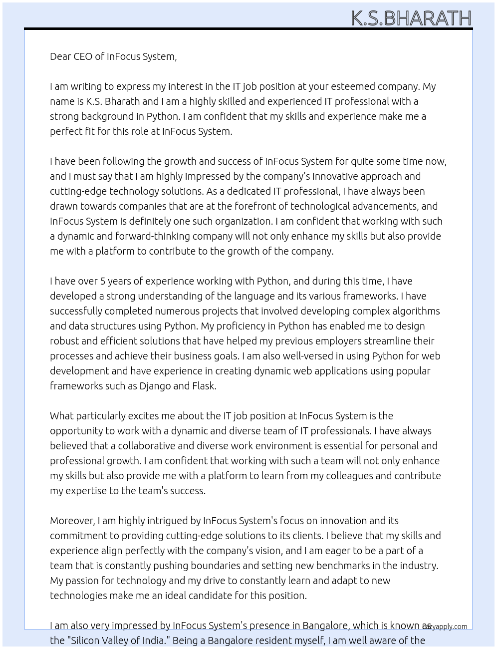 IT job At InFocus system  Cover Letter