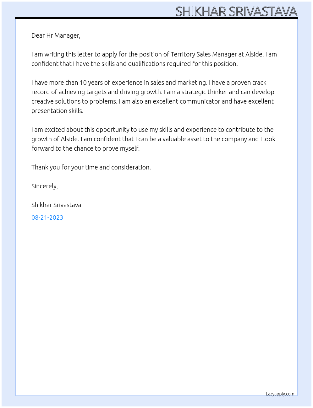 Territory sales manager At Alside Cover Letter