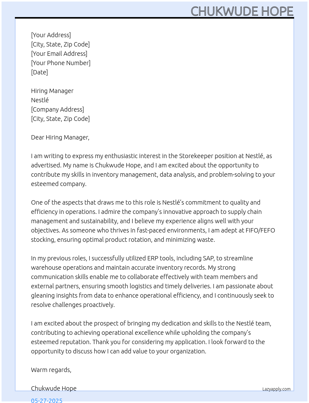 storekeeper At nESTLE Cover Letter