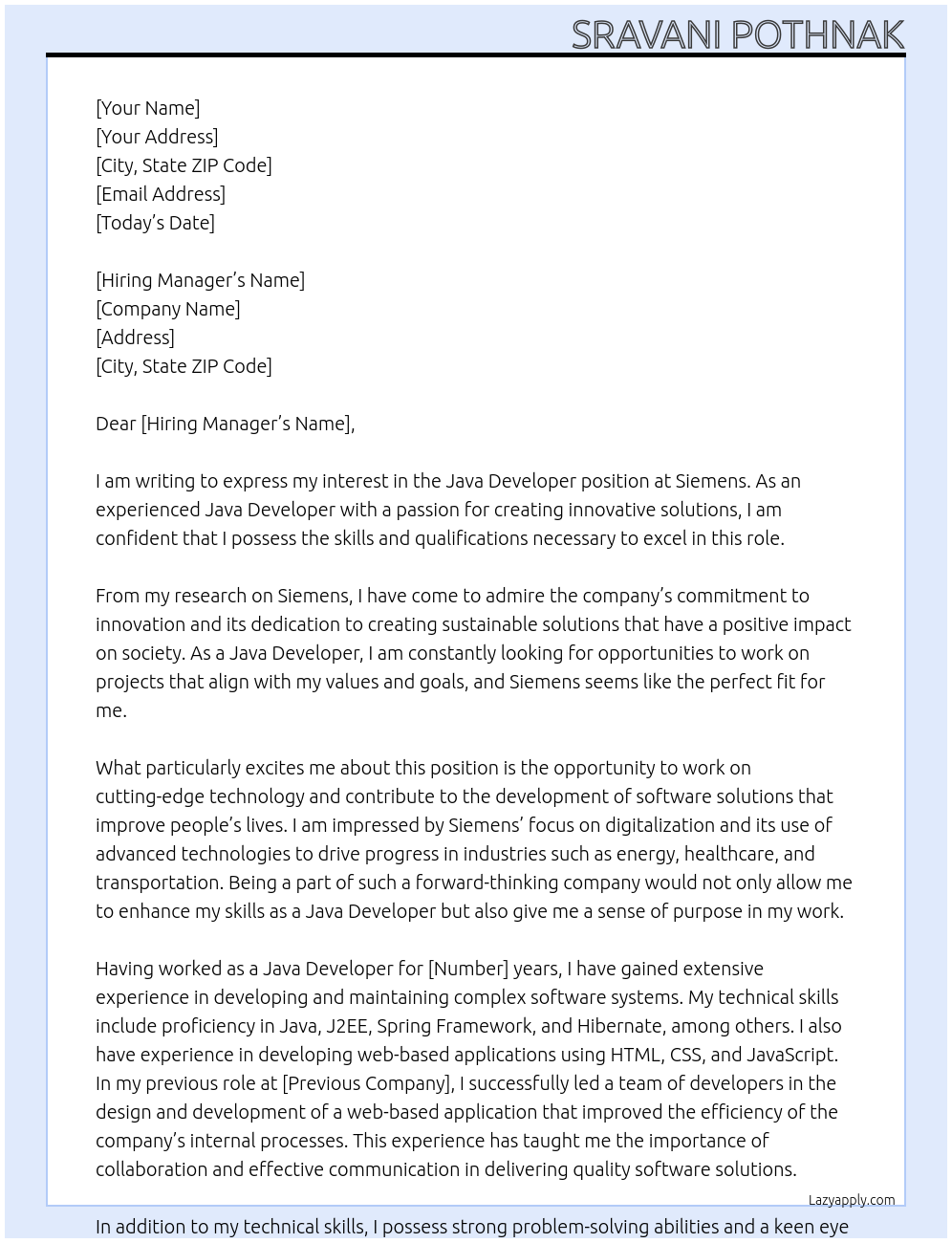 java developer At siemens Cover Letter
