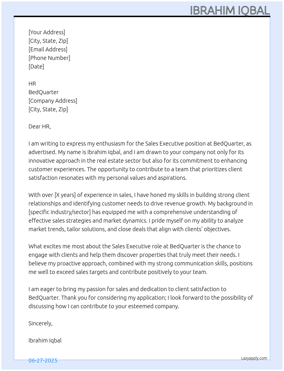 Sales Executive At BedQuarter Cover Letter