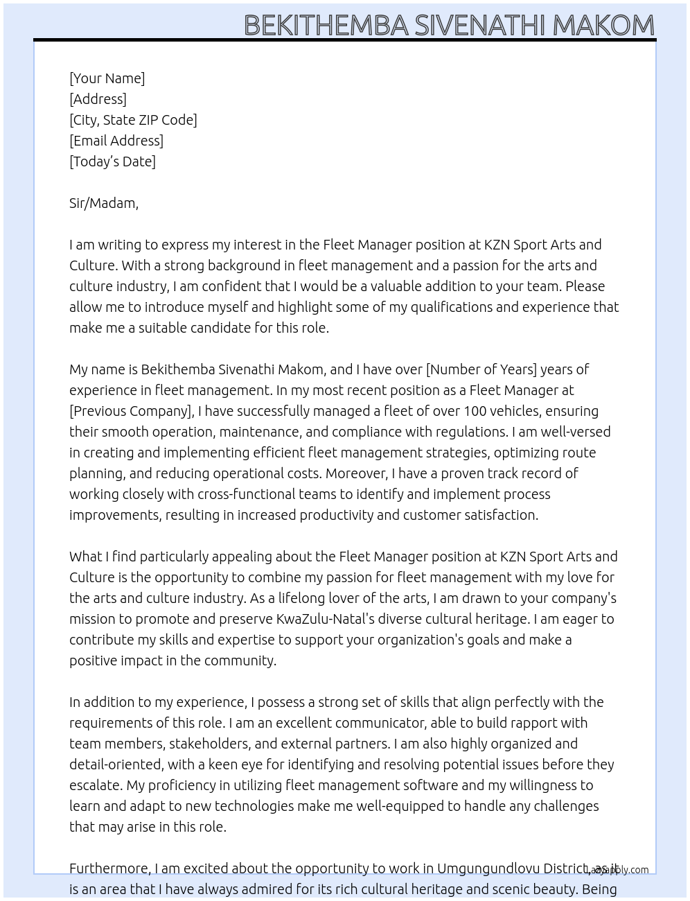 Fleet Manager At KZN SPORT ARTS AND CULTURE Cover Letter