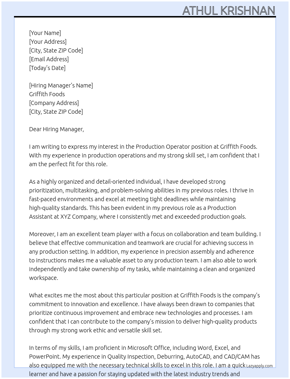 PRODUCTION OPERATOR At GRIFFITH FOODS Cover Letter