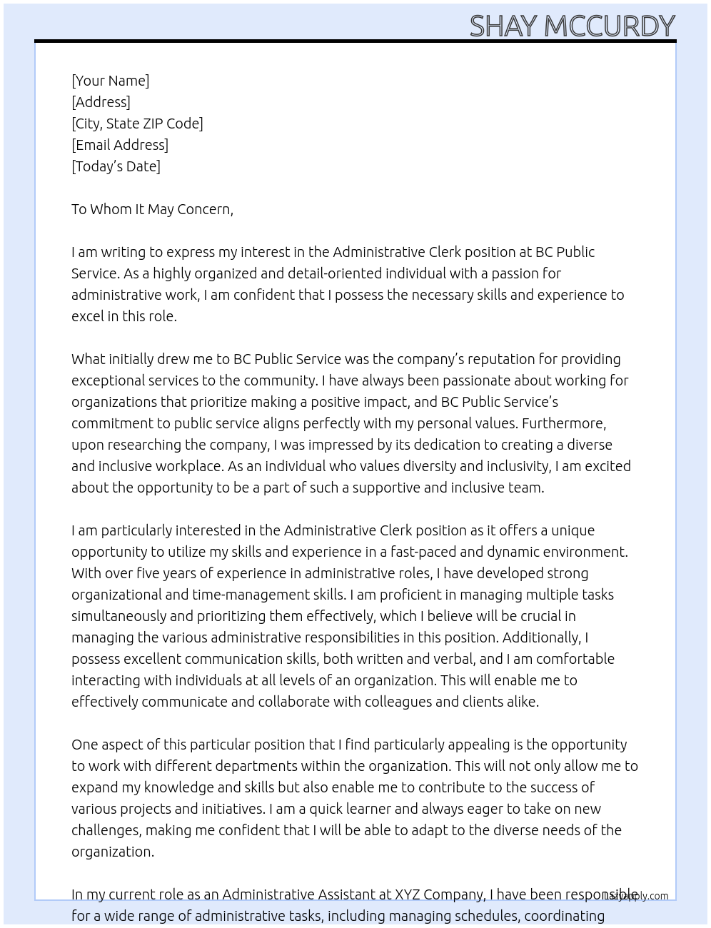 Administrative Clerk At BC Public Service Cover Letter