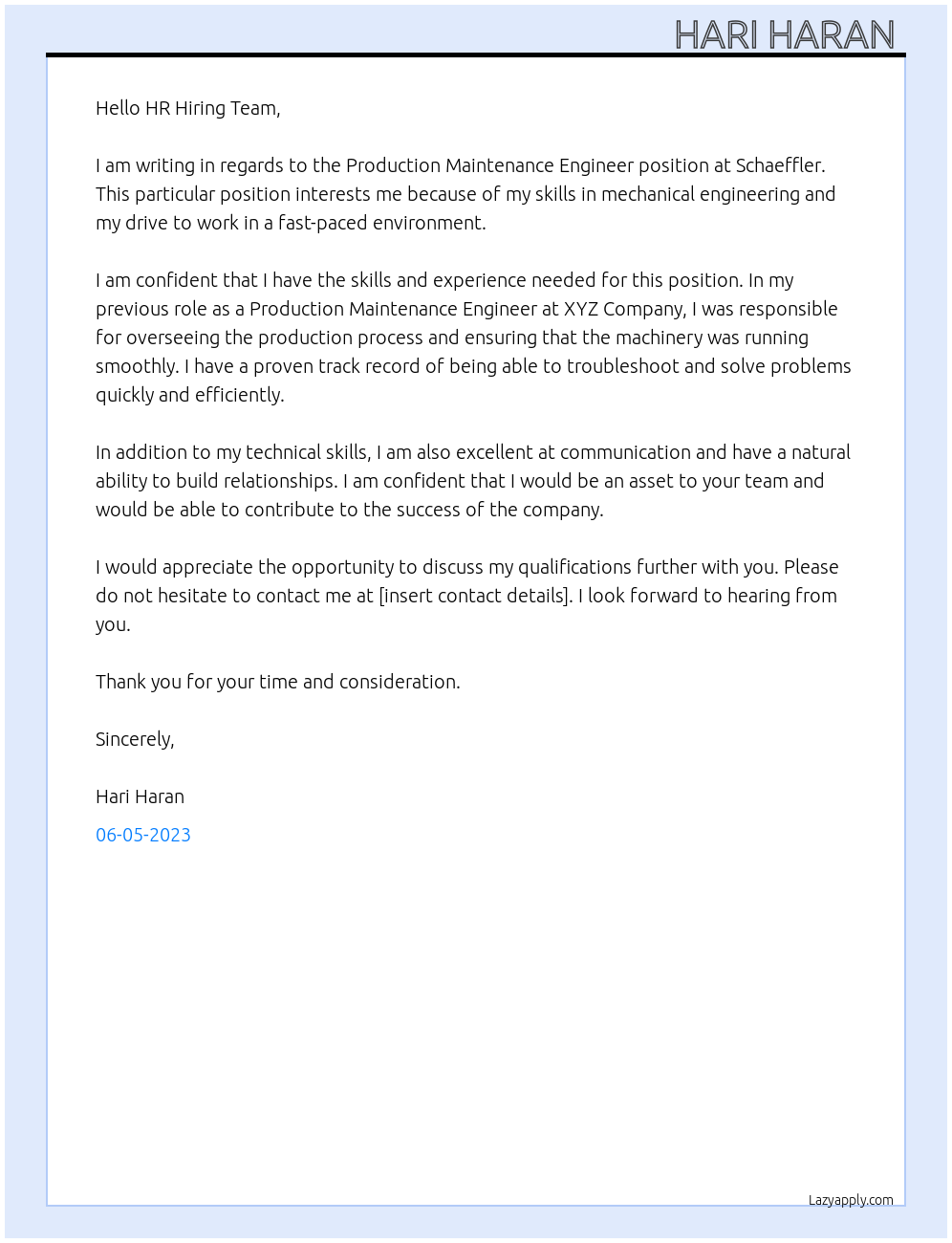 Production Maintenance Engineer At Schaeffler Cover Letter