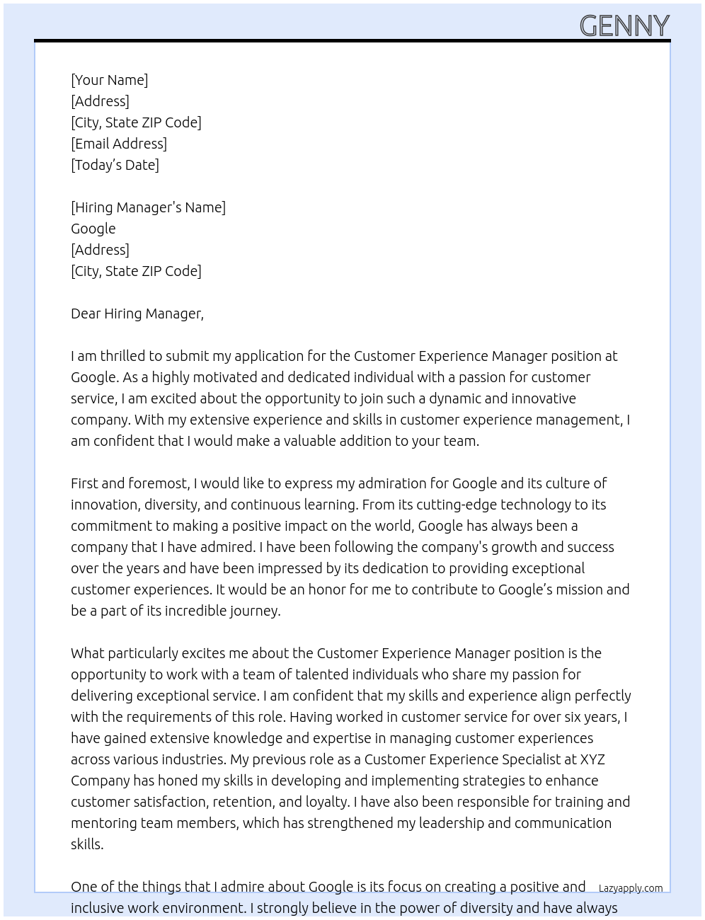 Customer Experience Manager At Google Cover Letter