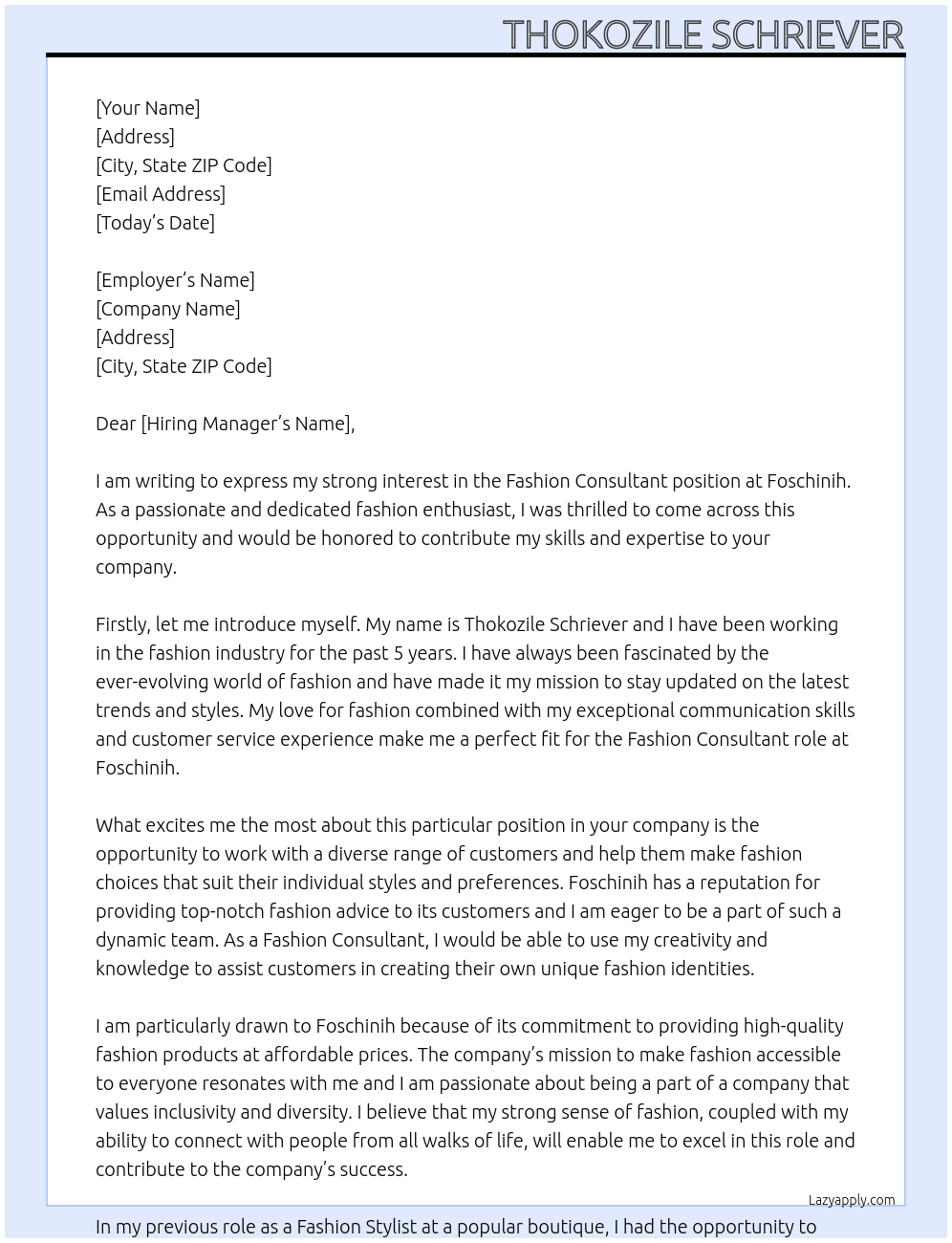 Fashion consultant At Foschinih Cover Letter