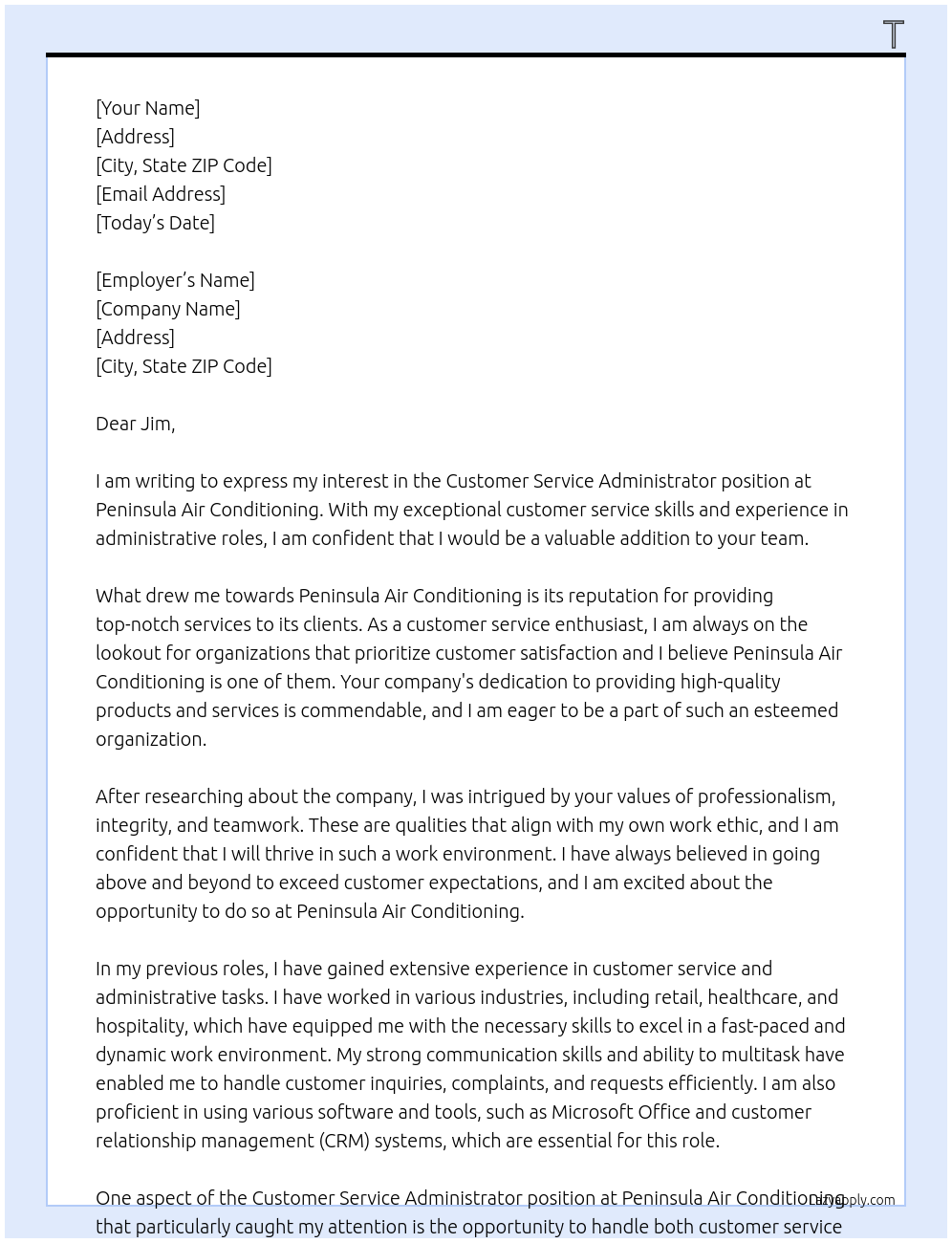 Customer Service Administrator At Peninsula Air Conditioning Cover Letter