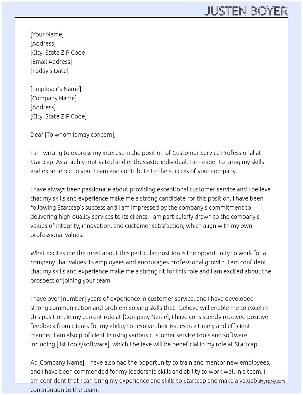 Customer service professional At Startcap Cover Letter