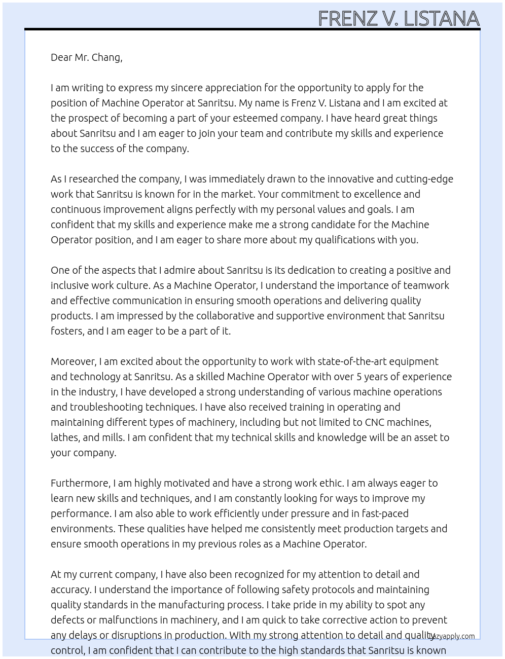 Machine operator At Sanritsu Cover Letter