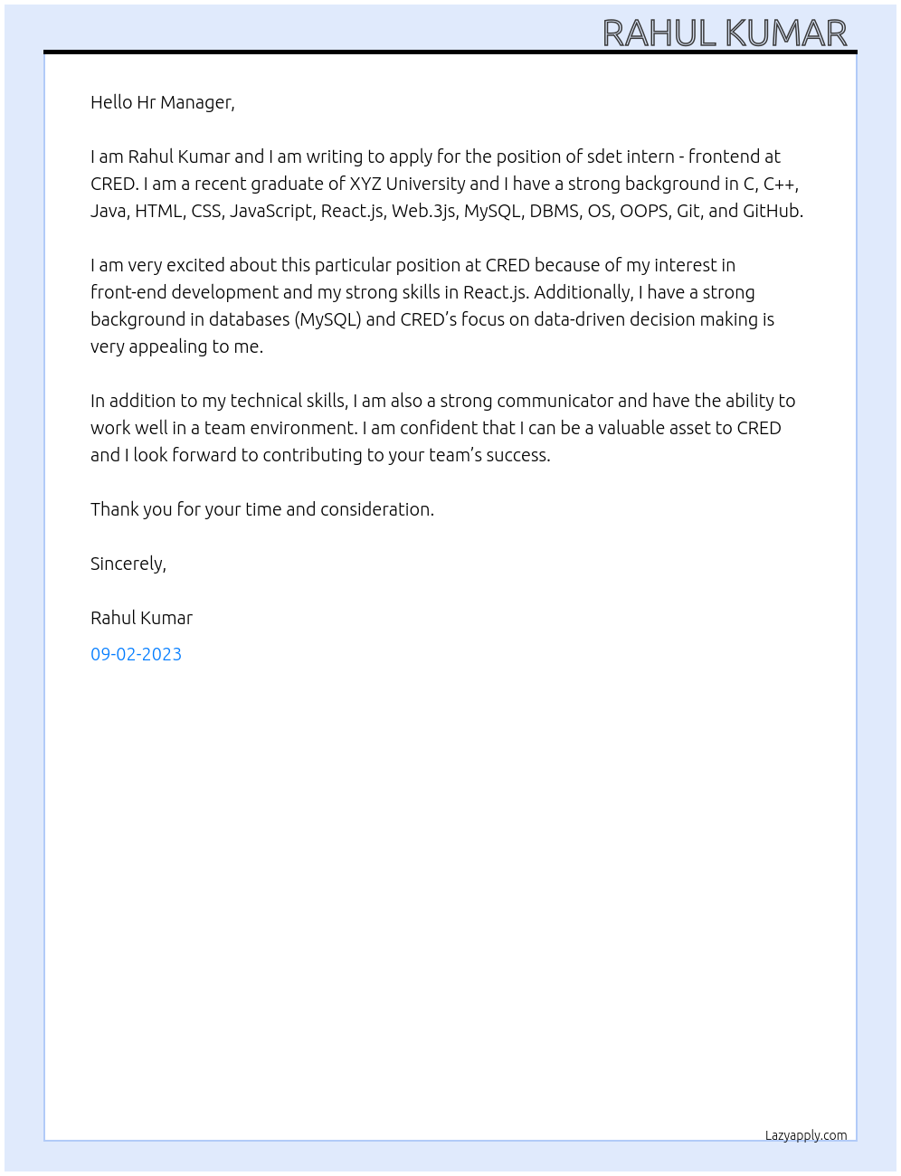 sdet intern - frontend At CRED Cover Letter