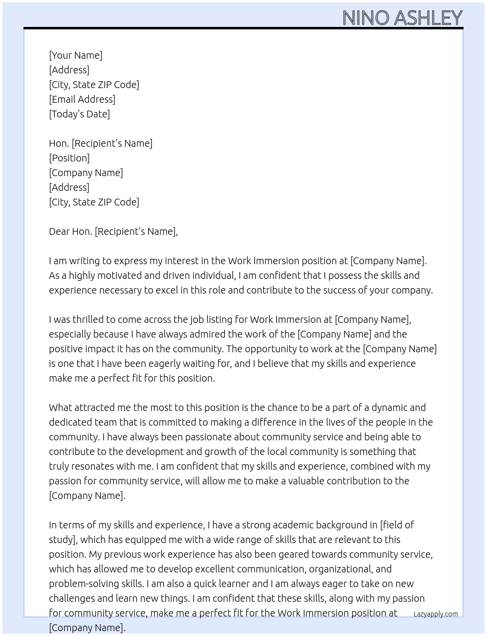 Work Immersion At BARANGAY HALL Cover Letter