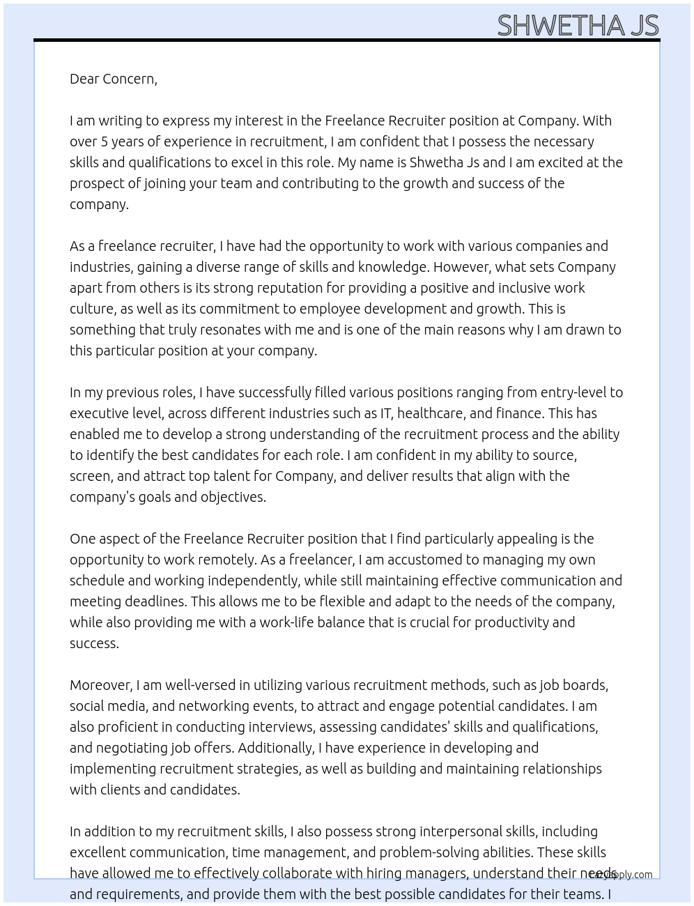 Freelance Recruiter  At Company  Cover Letter