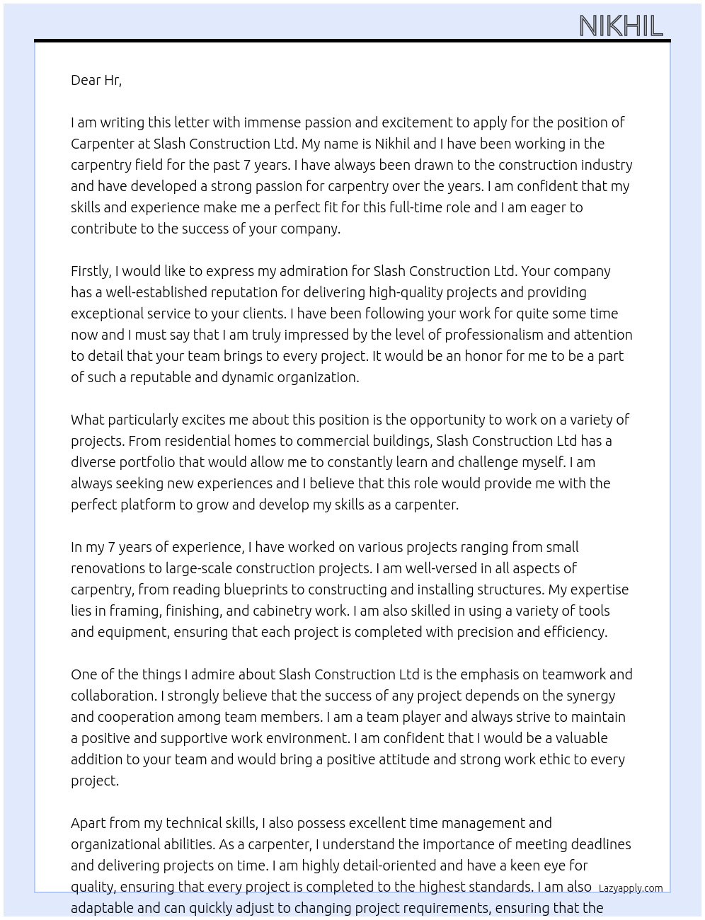 Carpenter  At Slash Construction Ltd  Cover Letter