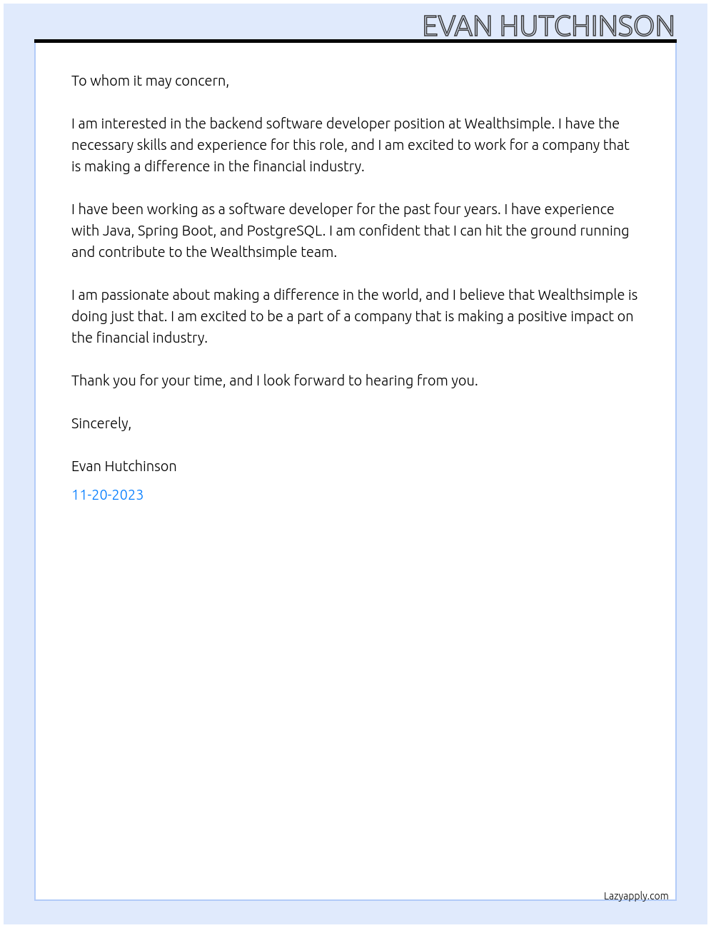 Backend Software Developer At Wealthsimple Cover Letter