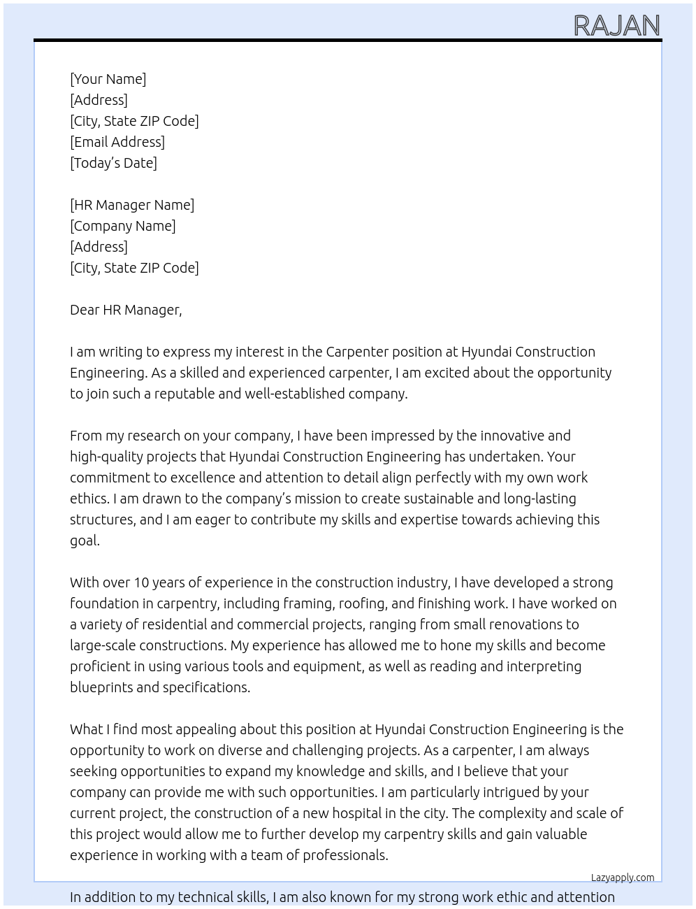 Carpenter  At Hyundai construction engineering  Cover Letter