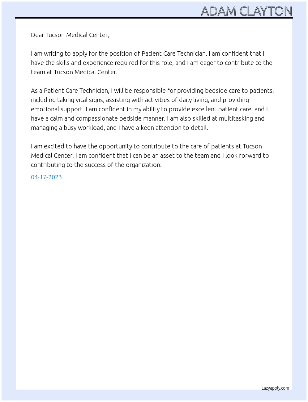 Patient Care Technician At Tucson Medical Center Cover Letter