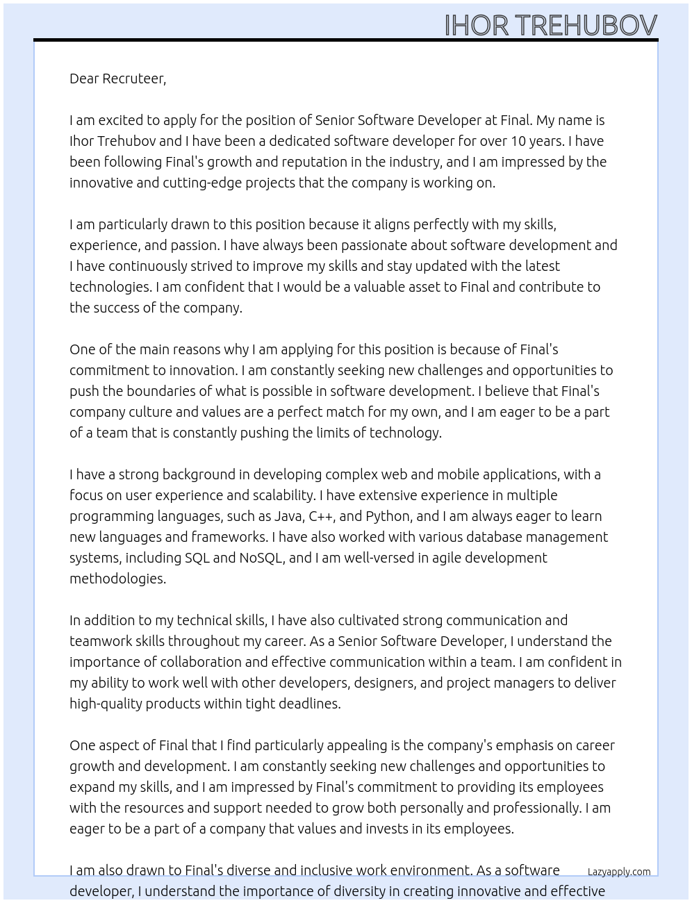 Senior software developer At Final Cover Letter