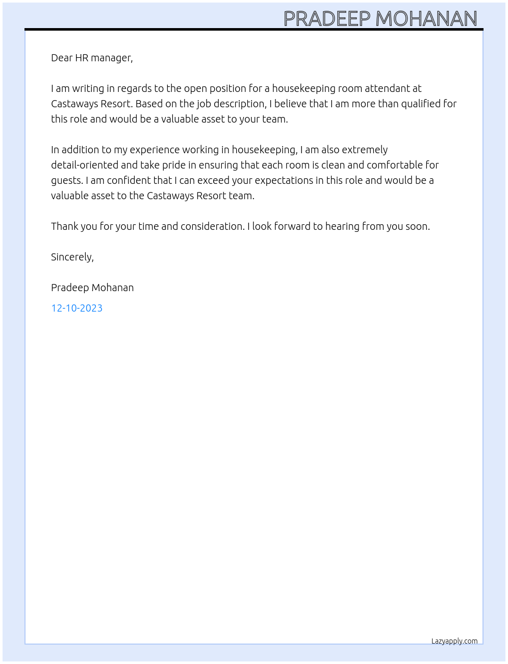 Housekeeping room attendant  At Castaways Resort Cover Letter