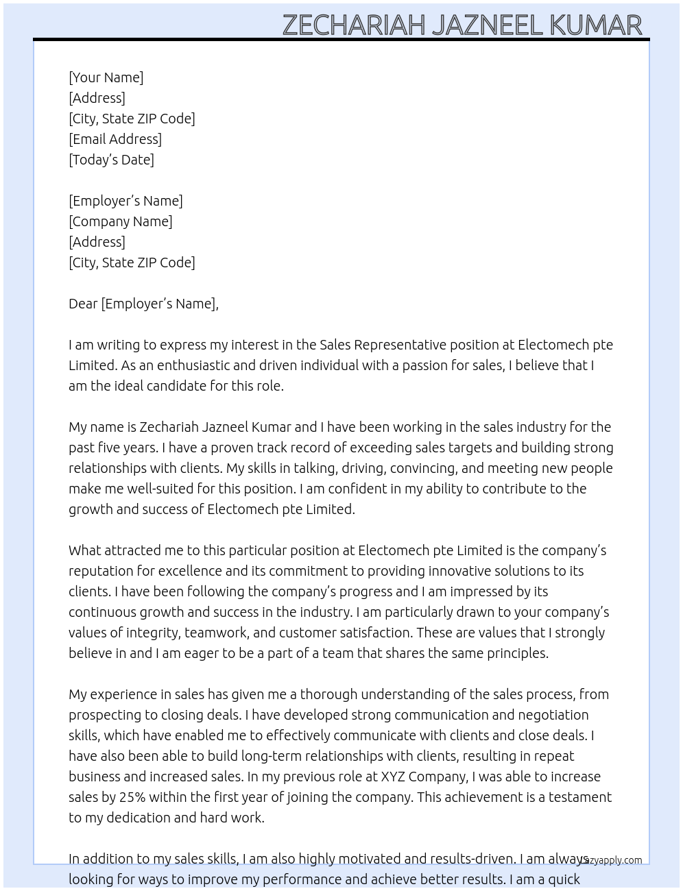 Sales representative At Electomech pte Limited Cover Letter