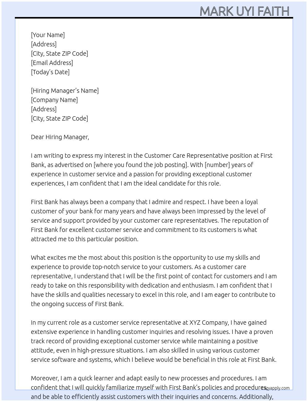 Customer Care Representative  At First bank  Cover Letter