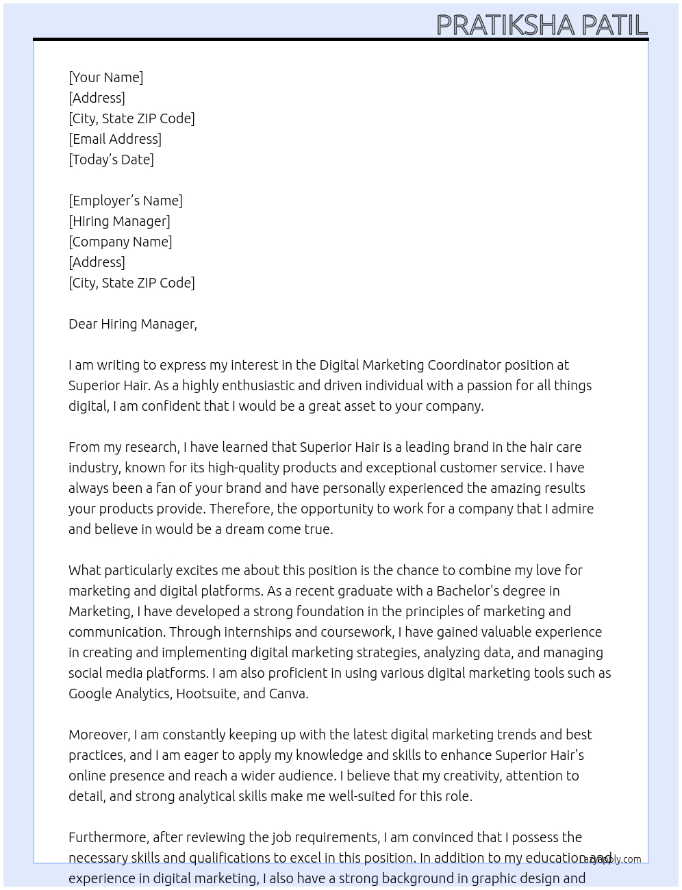 Digital Marketing Coordinator At Superior Hair Cover Letter