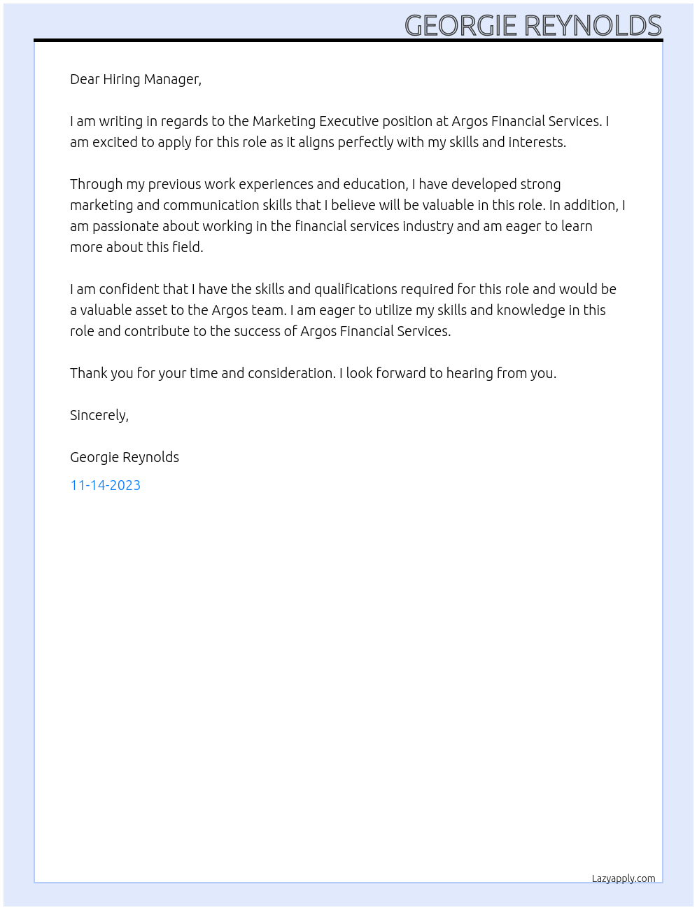 Marketing Executive At Argos Financial Services Cover Letter