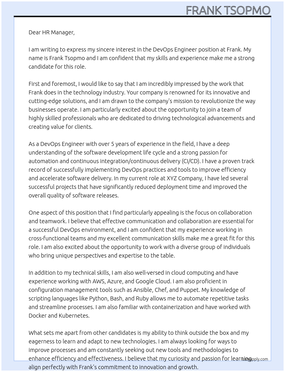 Devops engineer At frank Cover Letter