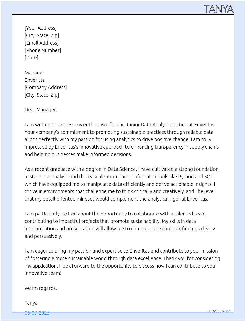 Junior Data Analyst At Enveritas Cover Letter