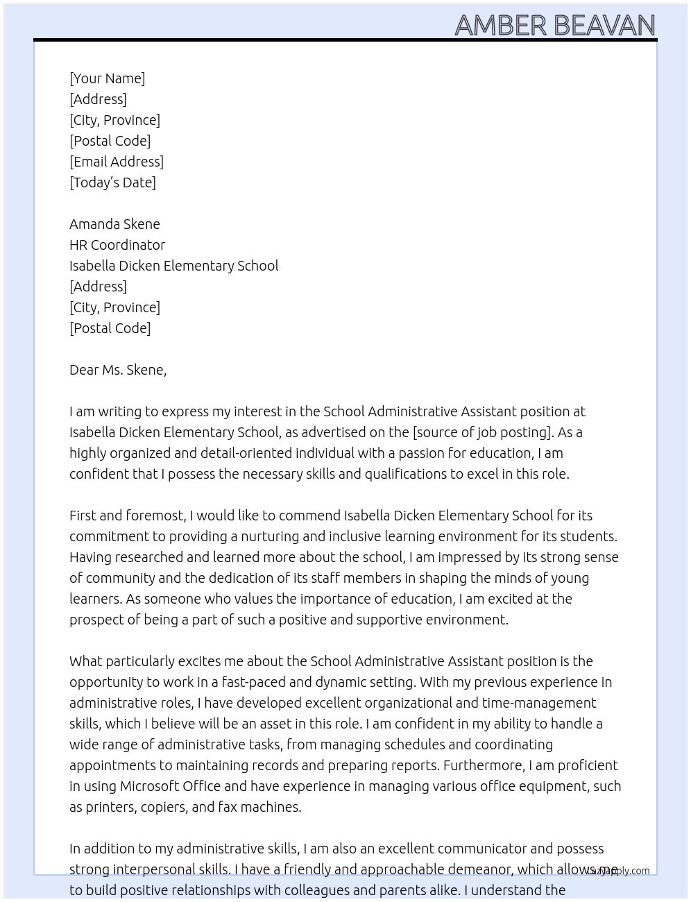 School Administrative Assistant At Isabella Dicken Elementary School Cover Letter