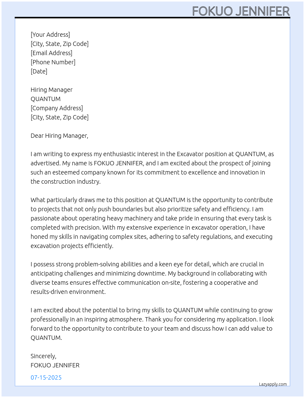 EXCAVATOR At QUANTUM Cover Letter