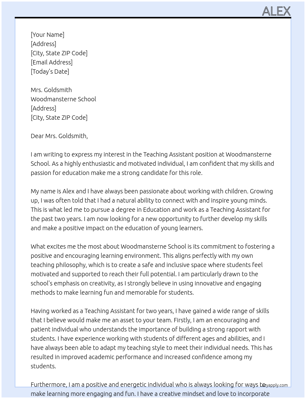 Teaching assistant At Woodmansterne school Cover Letter