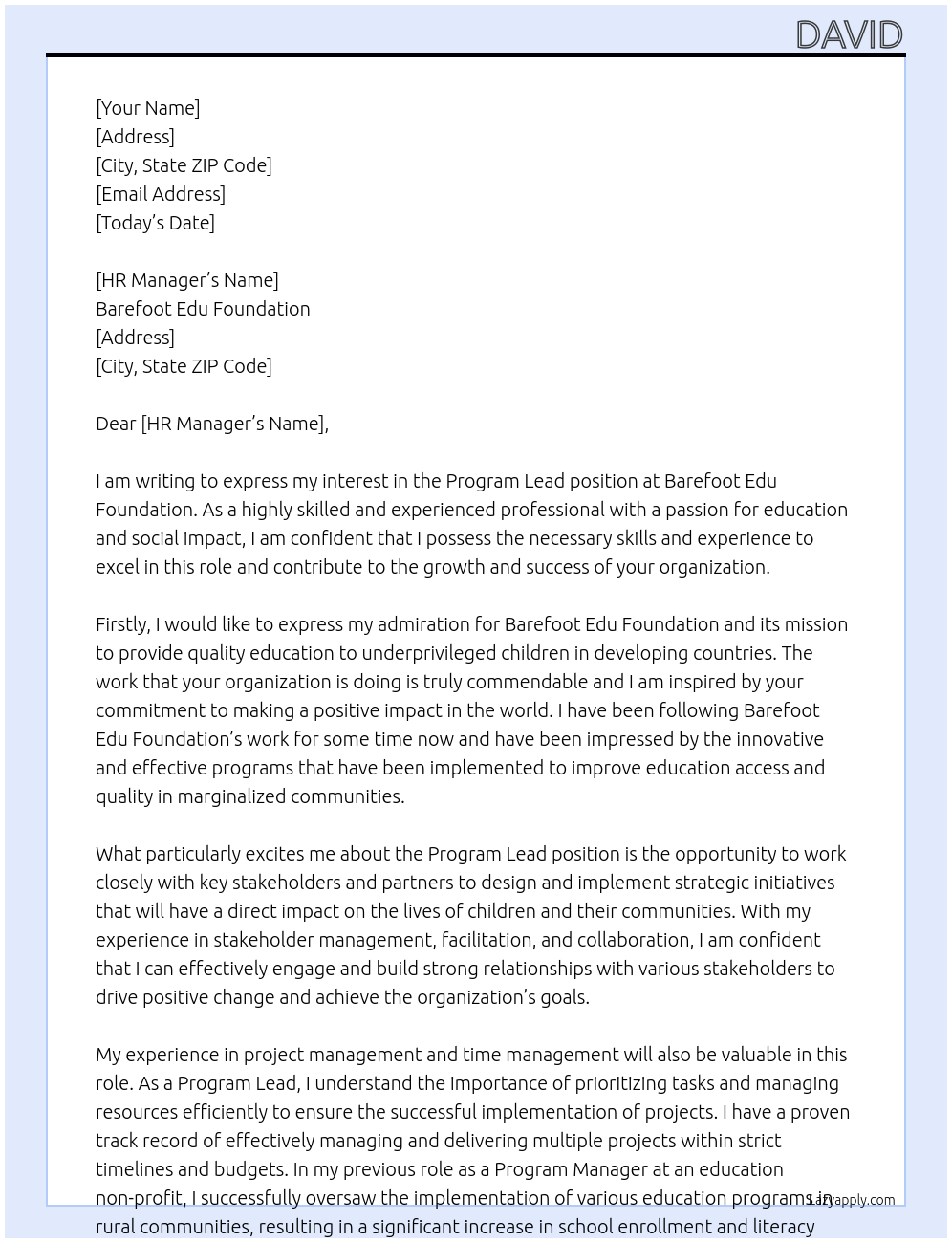 Program Lead At Barefoot Edu Foundation Cover Letter