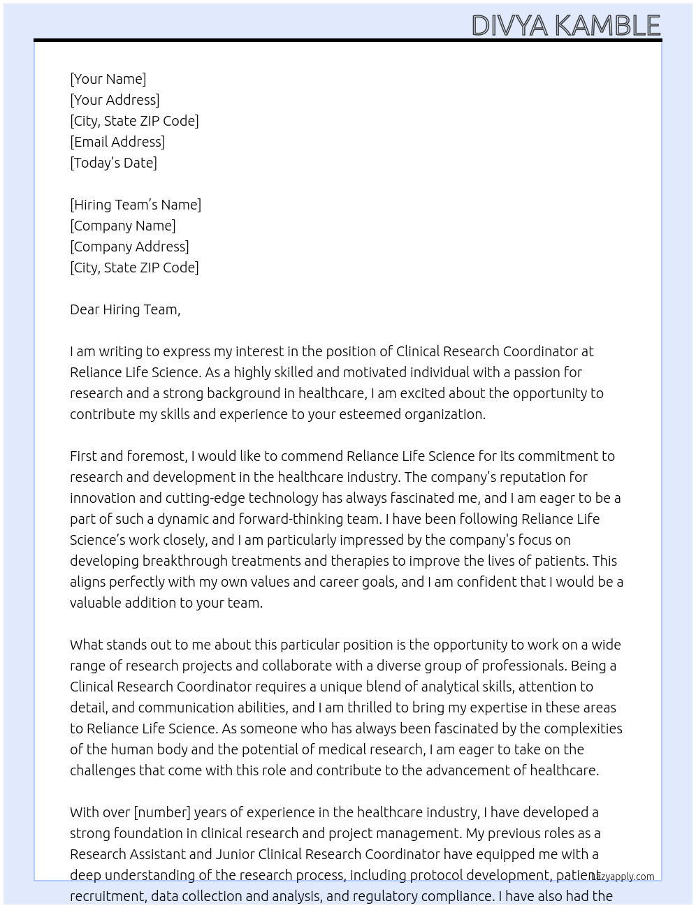 clinical research coordinator At reliance life science Cover Letter