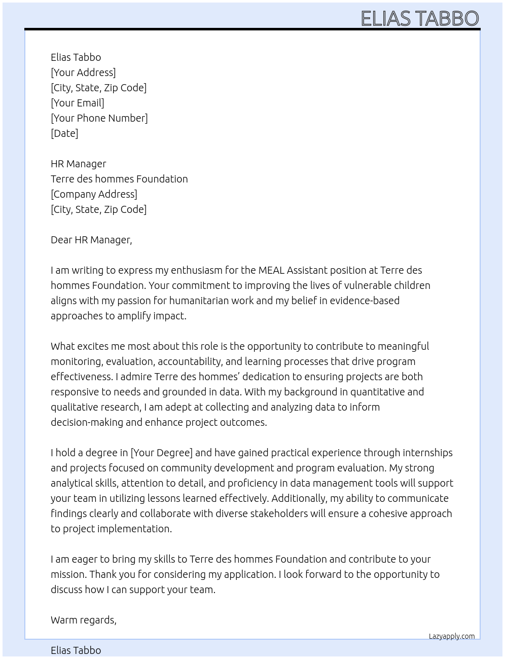 Cover letter for meal assistant - LazyApply
