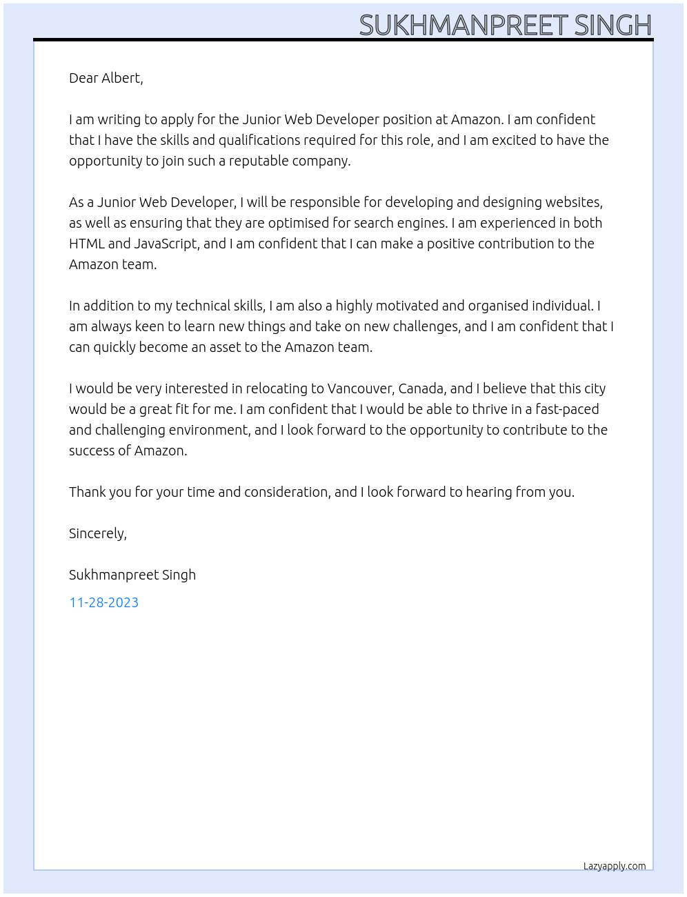 Junior web developer At Amazon Cover Letter