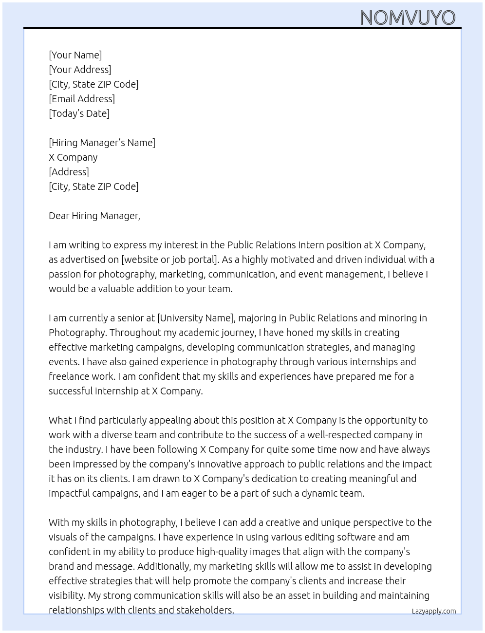 Public Relations Intern At X Cover Letter