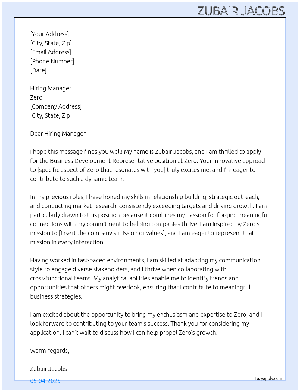 Business development representative At Zero Cover Letter