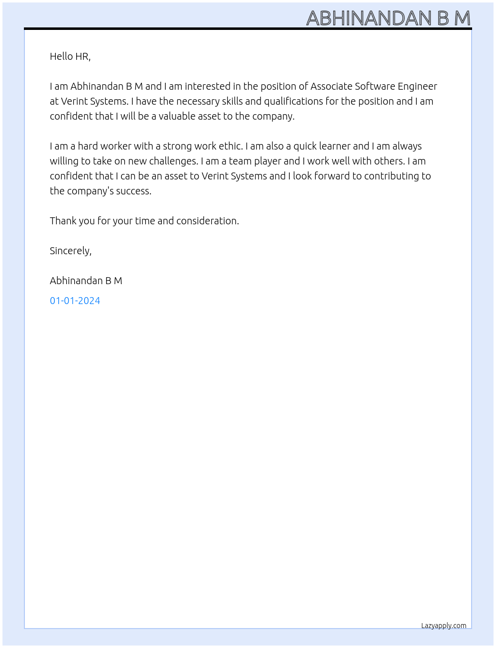 Associate Software Engineer At Verint Systems Cover Letter