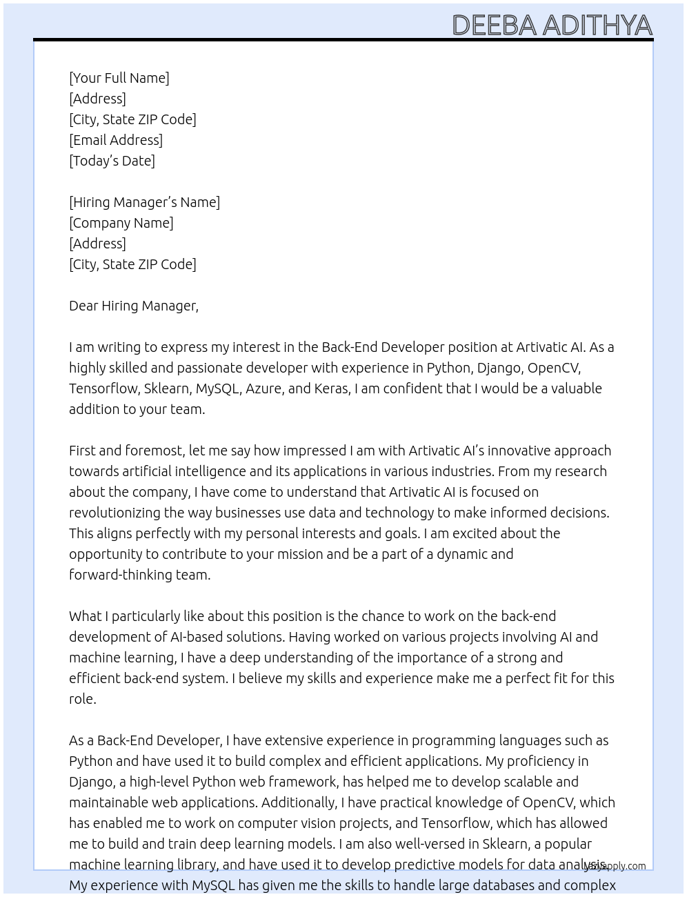 Back-End Developer At artivatic ai Cover Letter