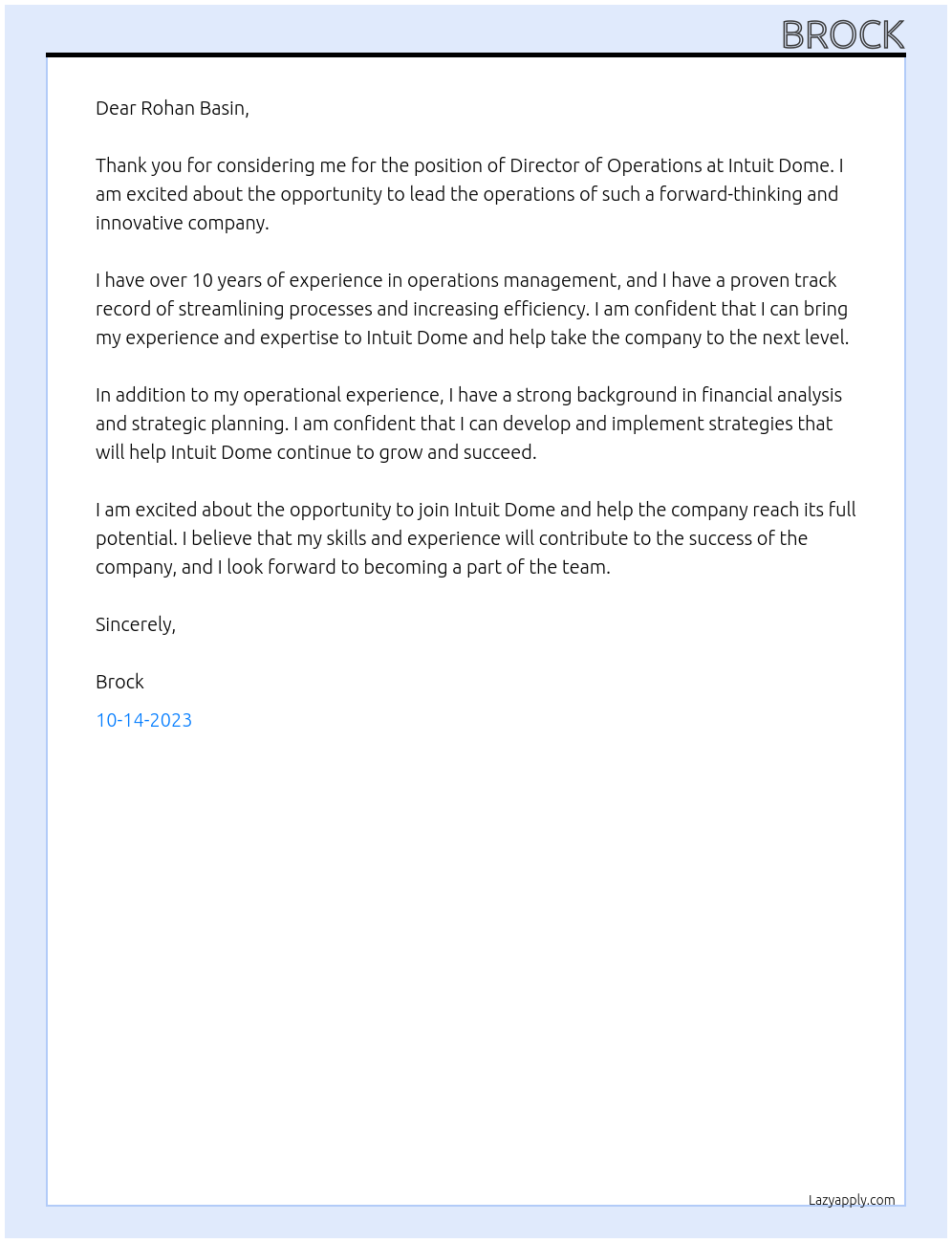 Director, Operations At Intuit Dome Cover Letter