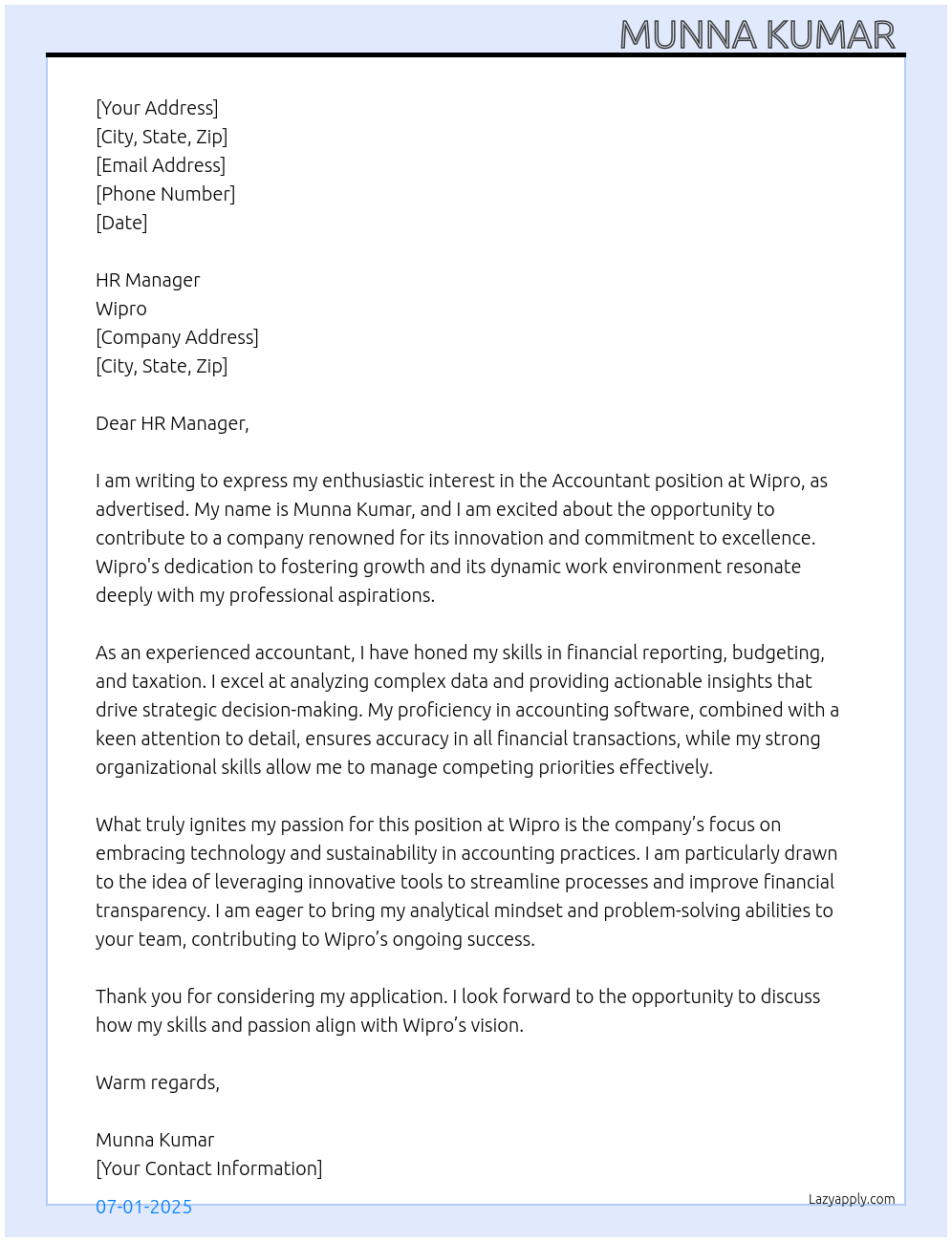 Accountant  At Wipro Cover Letter