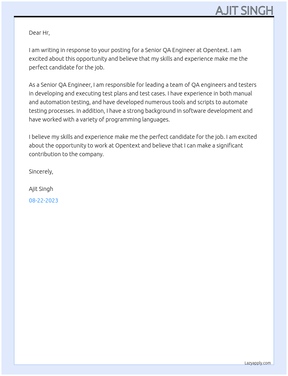 Senior QA Engineer At Opentext Cover Letter