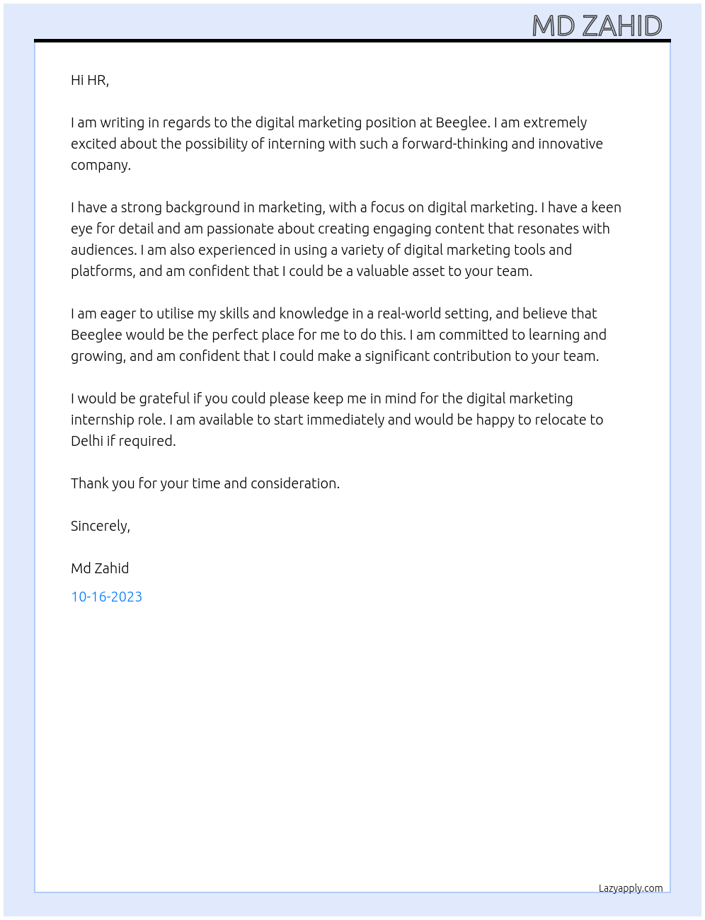 digital marketing At Beeglee Cover Letter