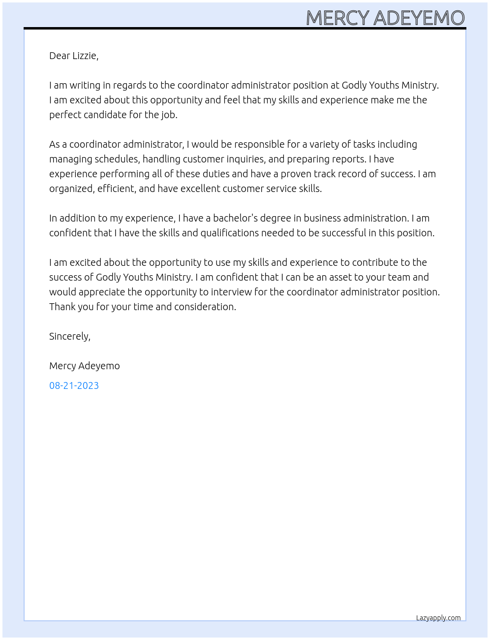 coordinator administrator At Godly Youths Ministry Cover Letter