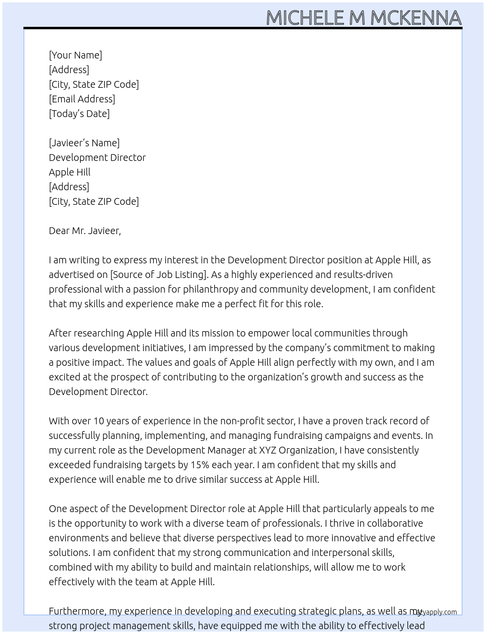 Development Director At Apple Hill  Cover Letter
