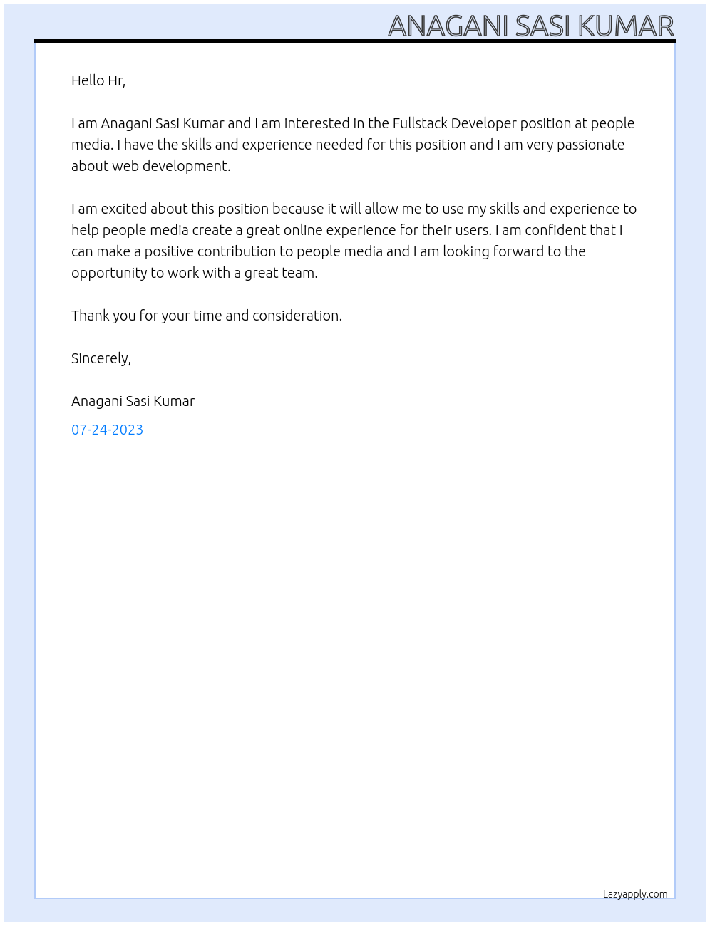 Fullstack Developer At people media Cover Letter