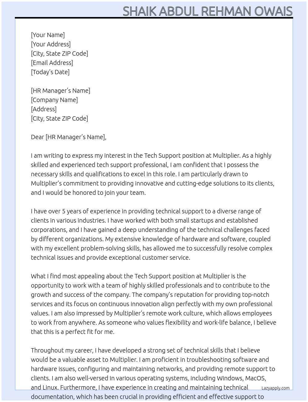tech support At multiplier Cover Letter
